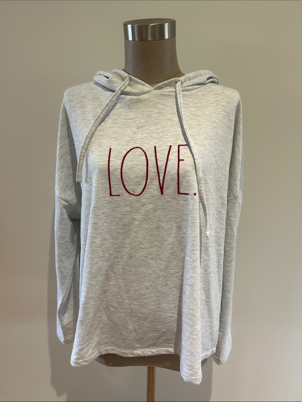 Rae Dunn Light Heather Gray Hoodie with Red LOVE. Embroidery